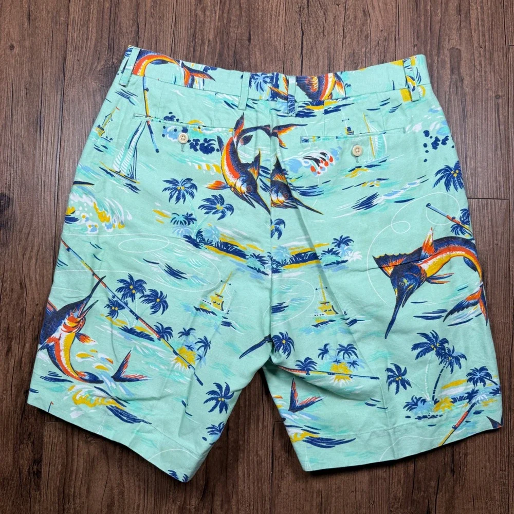Polo Ralph Lauren Linen Shorts Mens 32 Mint Green Swordfish Marlin Boat Palm Sea